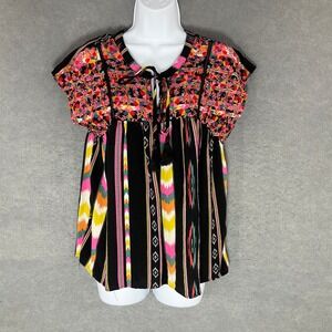 Savanna Jane Top Multicolor Embroidered Flowy Tunic‎ Womens Sz M Boho Festival